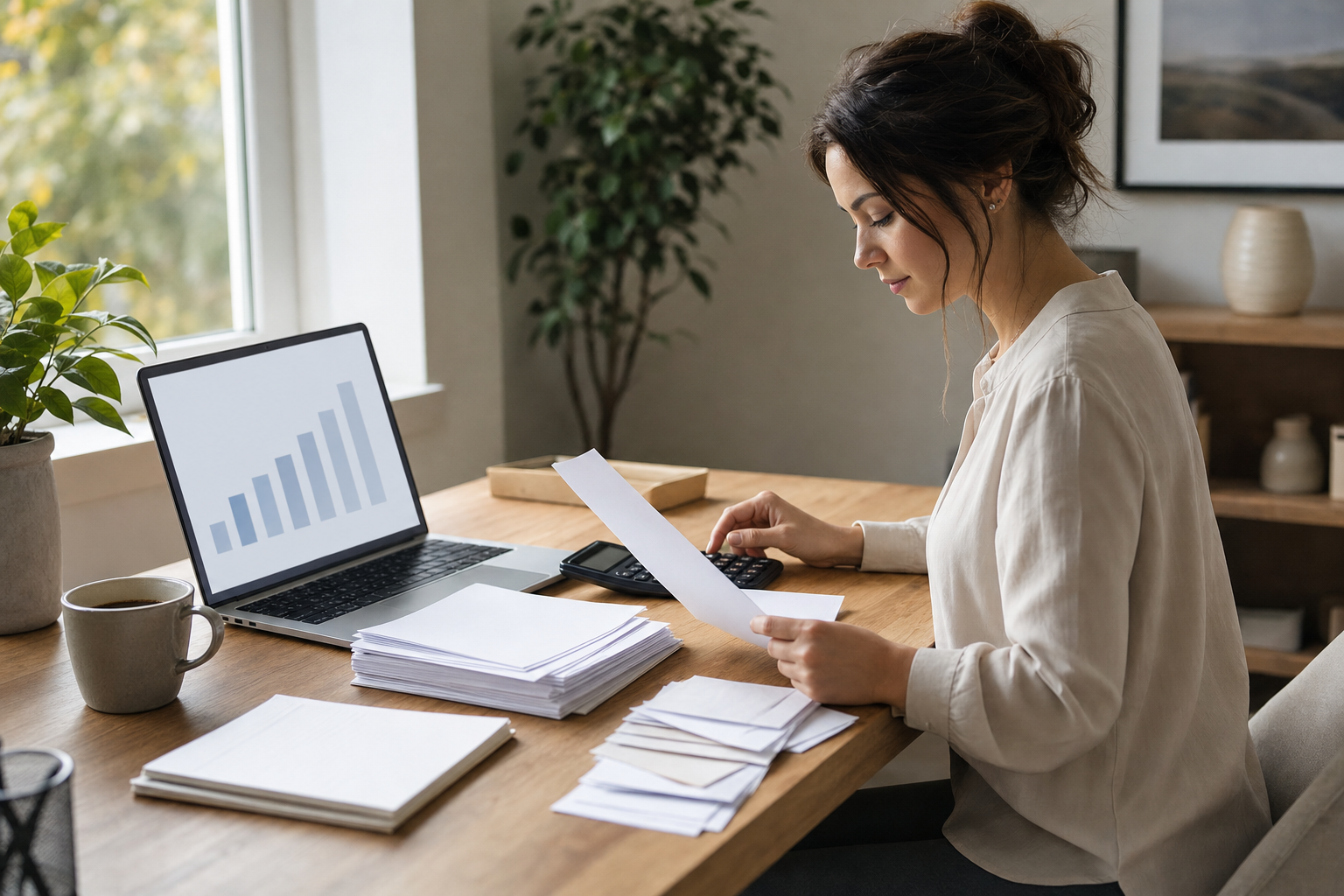 Small business owner reviewing invoices and a cash chart at her desk