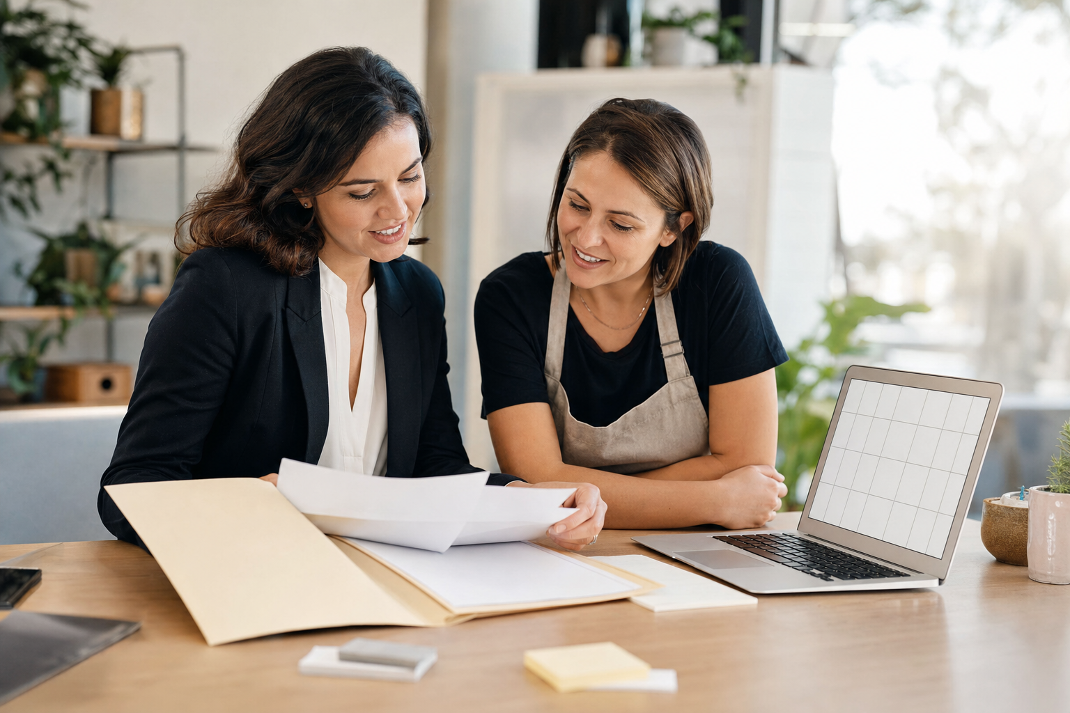 A bookkeeper going through receipts with a small business client