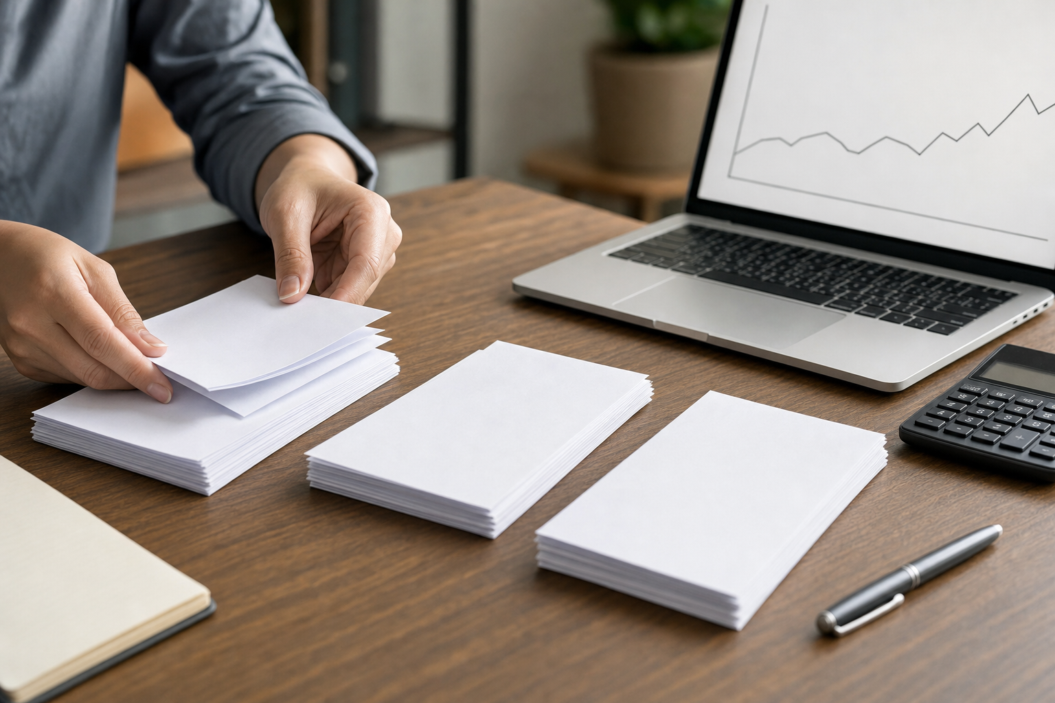 Sorting invoices into piles beside a cash flow chart on a laptop